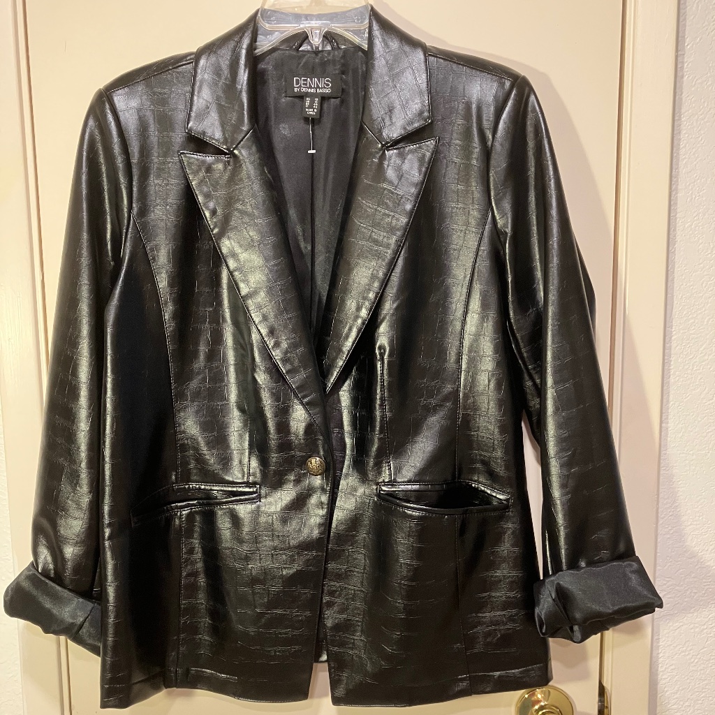 New Dennis Basso Textured Faux Leather Faux Croc Blazer Black Sz 10